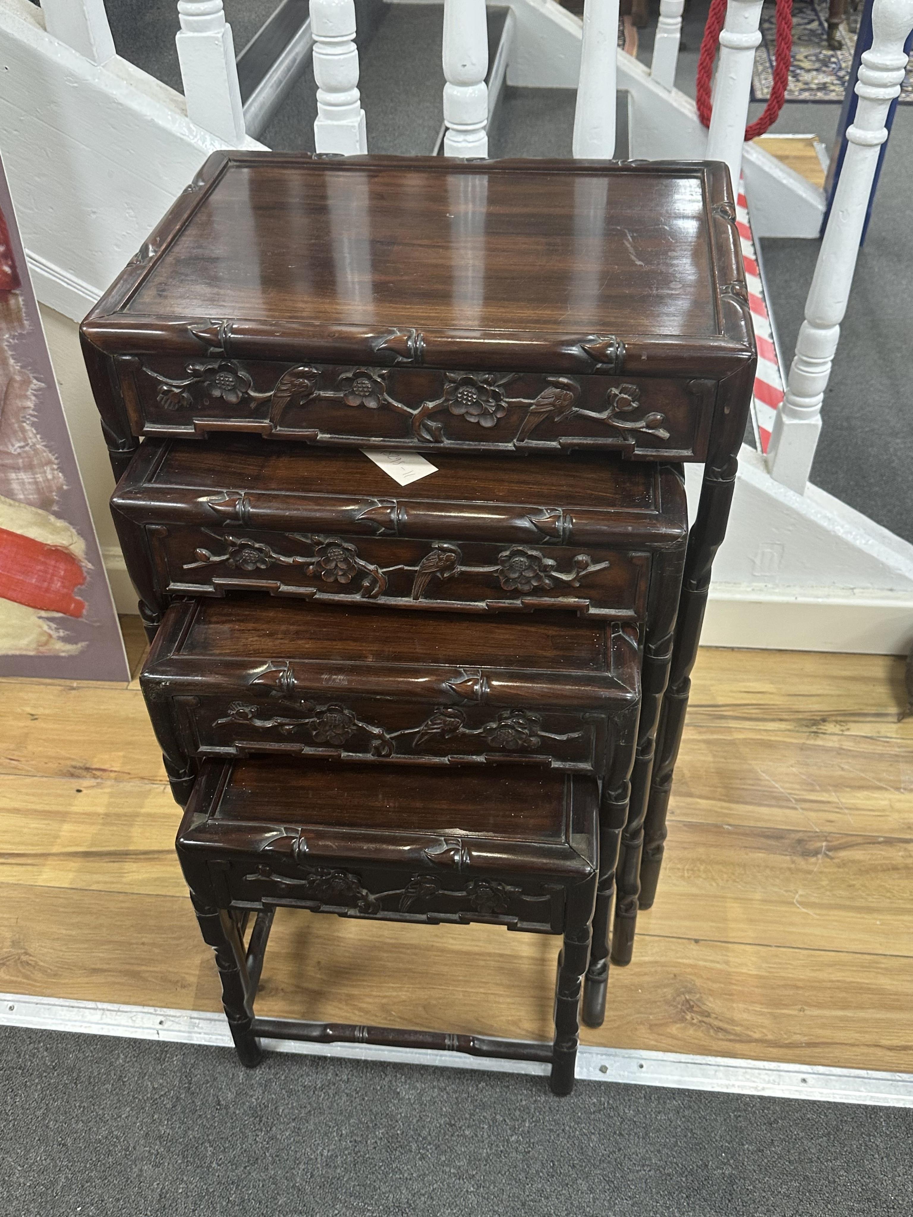 A quartetto of Chinese rectangular hardwood tea tables, width 50cm, depth 36cm, height 72cm. Condition - good